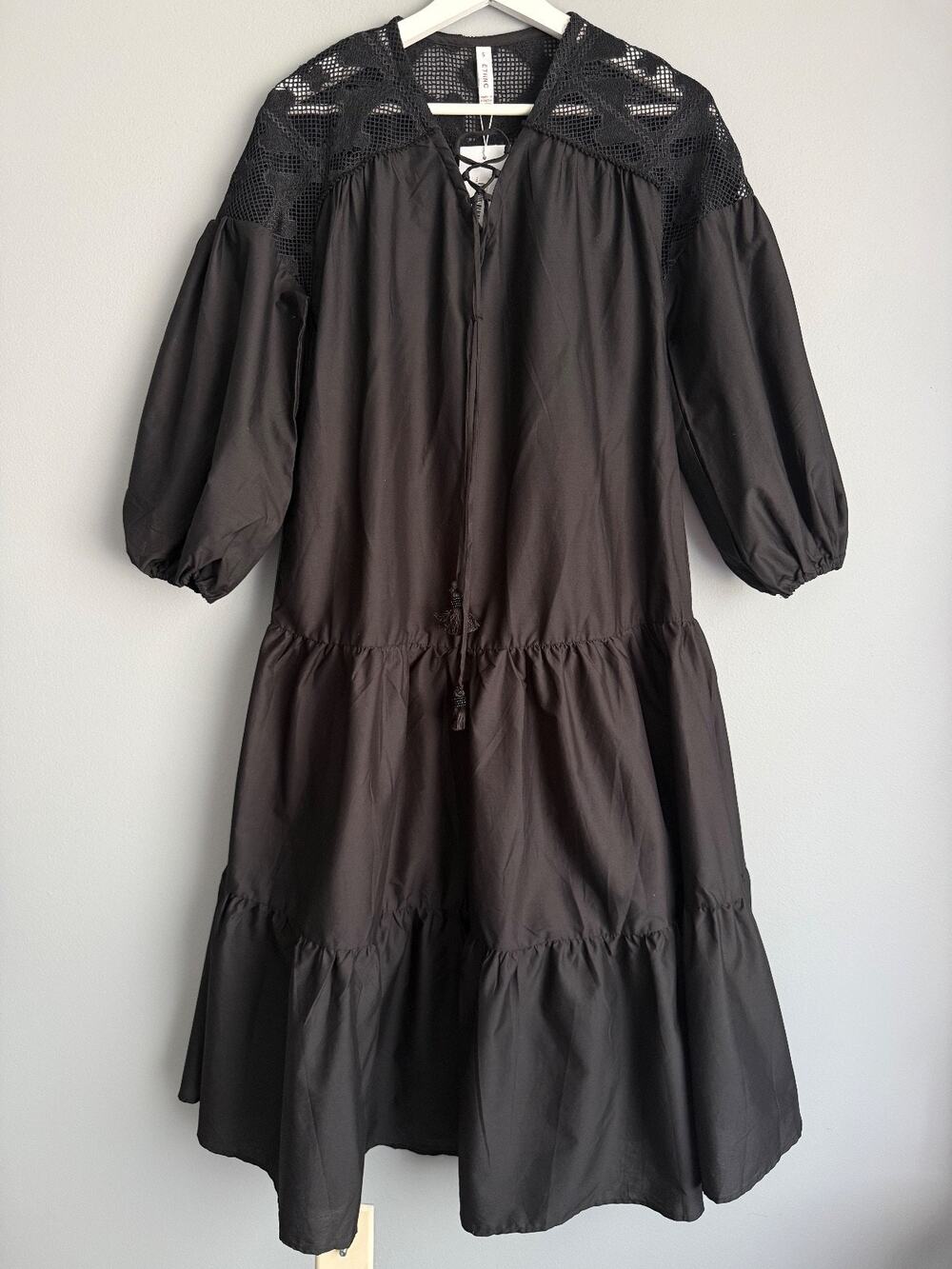 NWT ETHNC Women's S Black Crochet Boho Folk Peasant Tiered Midi Dress Tassel